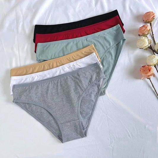 6pcs Women Panties Girl Sexy Underwear Solid Color Middle-Waisted Briefs Female Ventilation Soft Cotton Women's Underpants