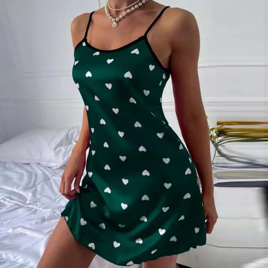 2025 Women Nightdress Contrast Colors Heart Print Pullover Nighty Gown Satin Smooth Surface Spaghetti Strap Women Sleepwear