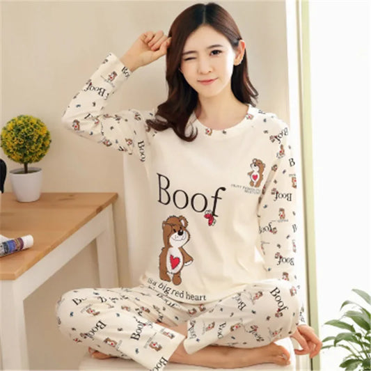 (Copy) Autumn Thin 2pieces Pyjamas Set Women 2025 Round Neck Girls Bear Pajamas Sets Teacup Cat Full Sleepwear Tops lovers Pajama Mujer